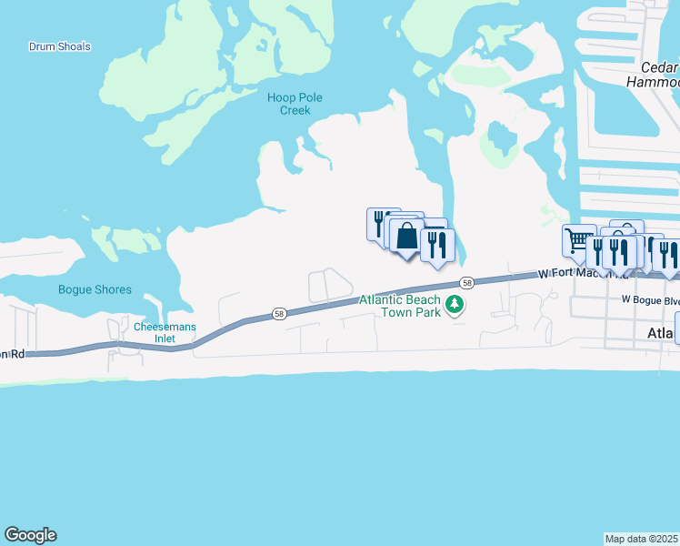 map of restaurants, bars, coffee shops, grocery stores, and more near 120 Sound Side Dr in Atlantic Beach