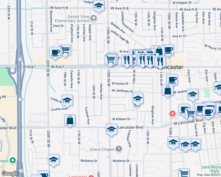 map of restaurants, bars, coffee shops, grocery stores, and more near 1445 West Jackman Street in Lancaster