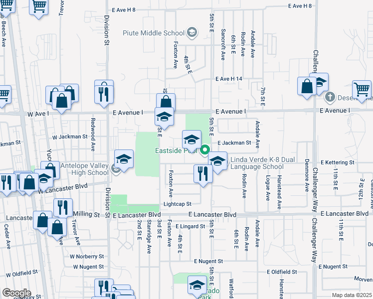 map of restaurants, bars, coffee shops, grocery stores, and more near 44960 East 3rd Street in Lancaster