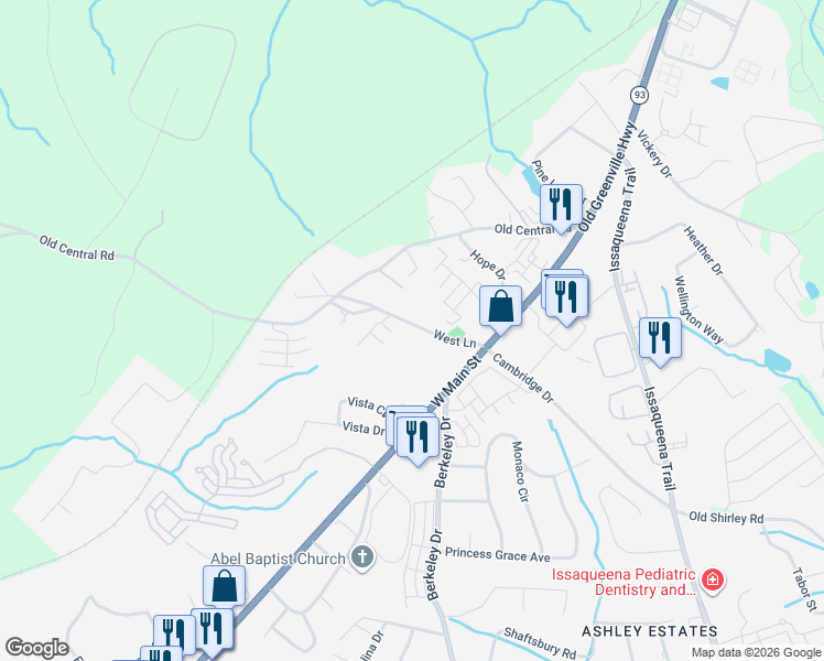 map of restaurants, bars, coffee shops, grocery stores, and more near 1106 West Lane in Central