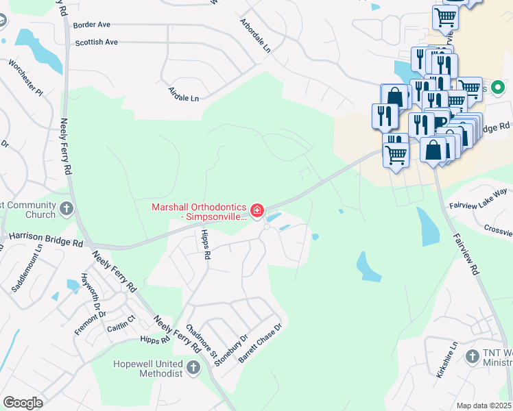 map of restaurants, bars, coffee shops, grocery stores, and more near 550 Harrison Bridge Road in Simpsonville