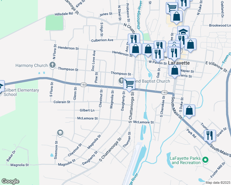 map of restaurants, bars, coffee shops, grocery stores, and more near 405 Magnolia Street in LaFayette