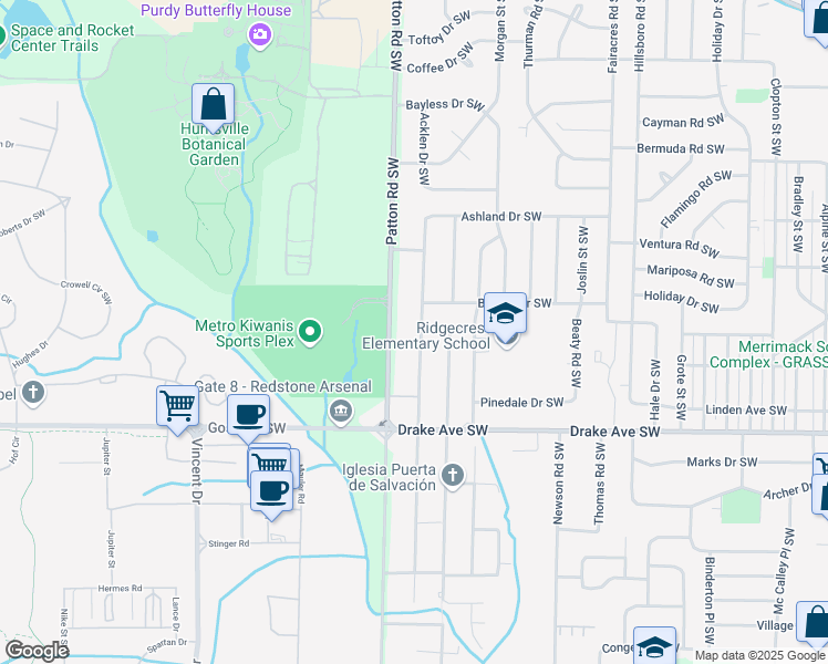 map of restaurants, bars, coffee shops, grocery stores, and more near 3608 Mc Vay Street Southwest in Huntsville