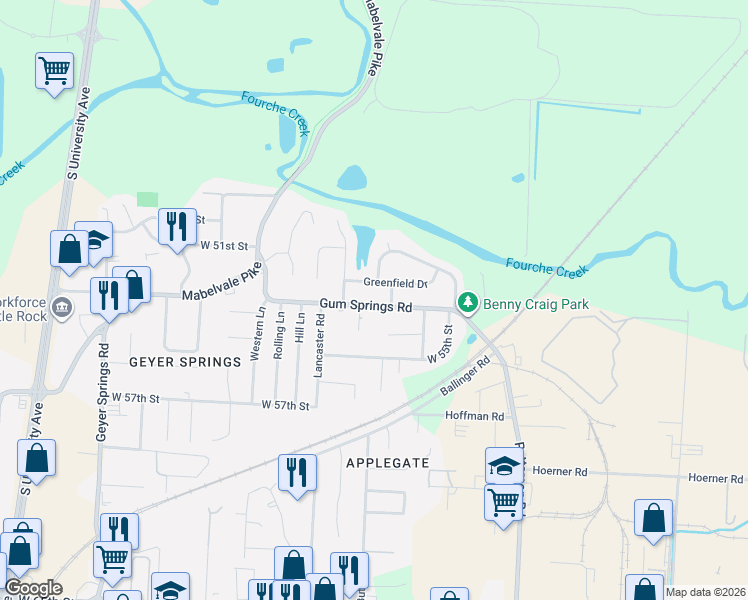 map of restaurants, bars, coffee shops, grocery stores, and more near 4905 Gum Springs Road in Little Rock