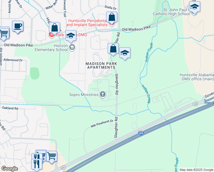 map of restaurants, bars, coffee shops, grocery stores, and more near 286 Slaughter Road in Madison