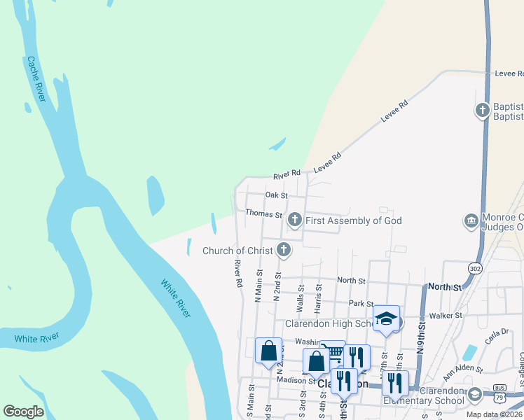 map of restaurants, bars, coffee shops, grocery stores, and more near 620 North Main Street in Clarendon