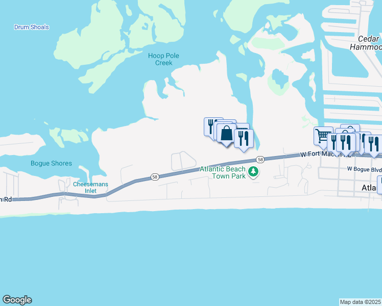 map of restaurants, bars, coffee shops, grocery stores, and more near 120 Sound Side Drive in Atlantic Beach