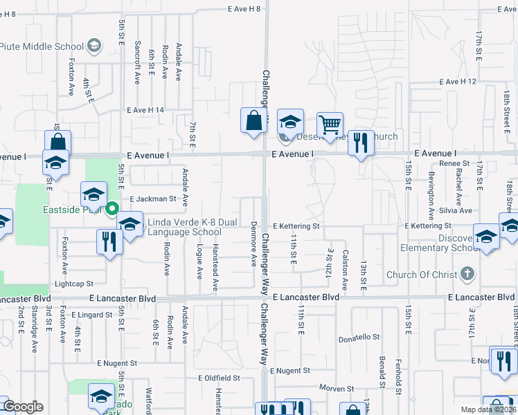 map of restaurants, bars, coffee shops, grocery stores, and more near 45014 Denmore Avenue in Lancaster