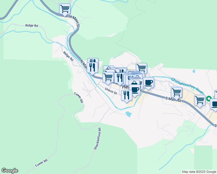 map of restaurants, bars, coffee shops, grocery stores, and more near 50 Yonah Street in Helen