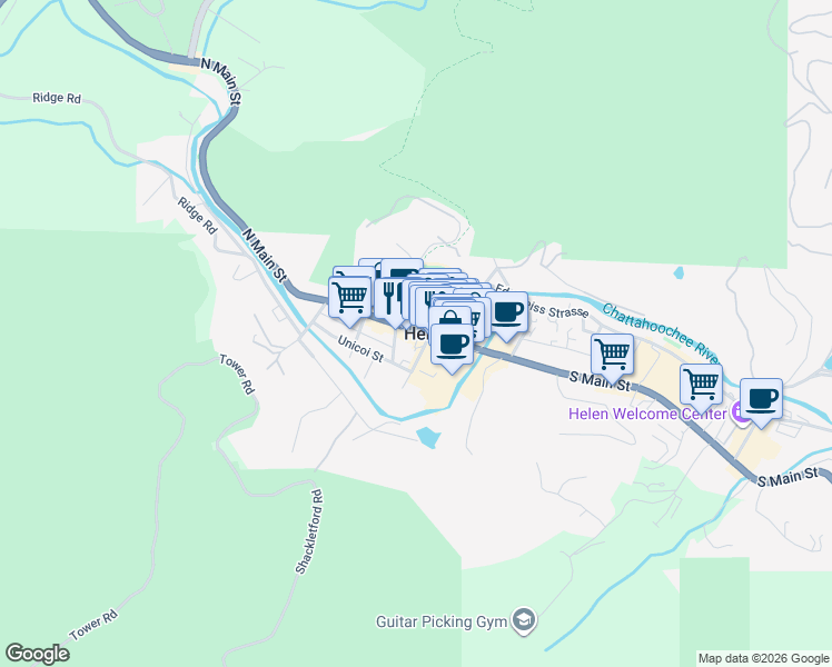 map of restaurants, bars, coffee shops, grocery stores, and more near 8735 North Main Street in Helen