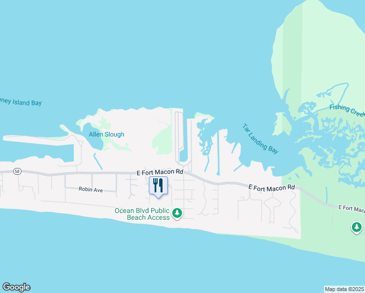 map of restaurants, bars, coffee shops, grocery stores, and more near Marina Drive in Atlantic Beach