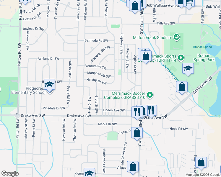 map of restaurants, bars, coffee shops, grocery stores, and more near 3500 Emm Ell Street Southwest in Huntsville