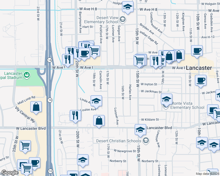 map of restaurants, bars, coffee shops, grocery stores, and more near 45038 17th Street West in Lancaster