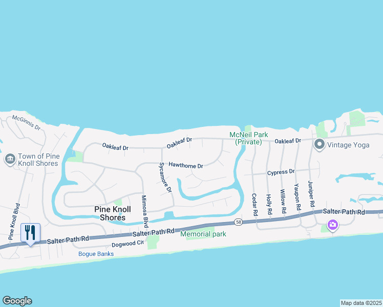 map of restaurants, bars, coffee shops, grocery stores, and more near 105 Locust Court in Pine Knoll Shores