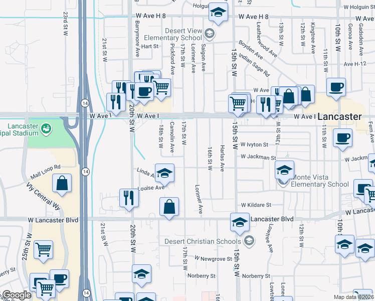 map of restaurants, bars, coffee shops, grocery stores, and more near 45038 17th Street West in Lancaster