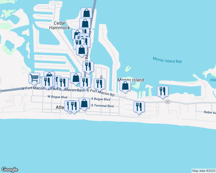 map of restaurants, bars, coffee shops, grocery stores, and more near 108 East Bogue Sound Drive in Atlantic Beach