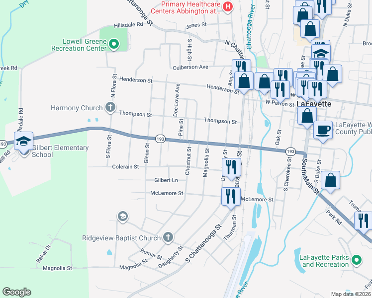 map of restaurants, bars, coffee shops, grocery stores, and more near 416 Chestnut Street in LaFayette
