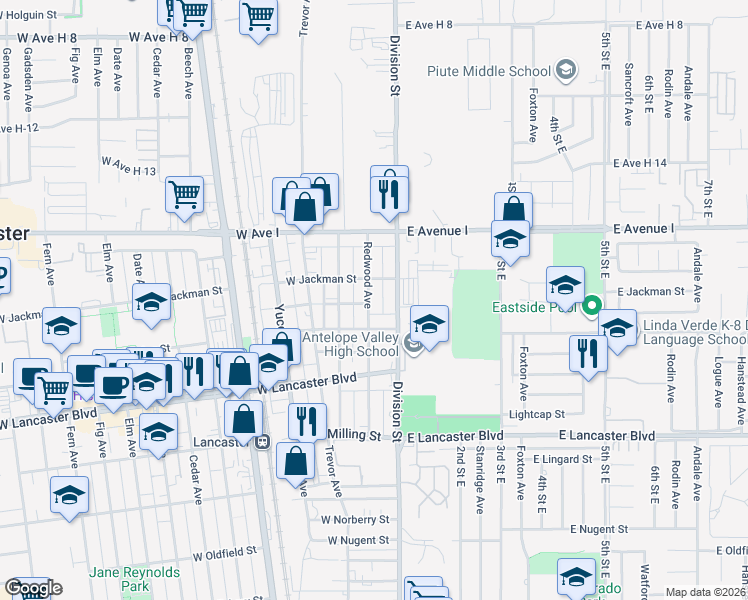 map of restaurants, bars, coffee shops, grocery stores, and more near 45018 Redwood Avenue in Lancaster