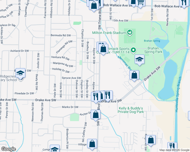 map of restaurants, bars, coffee shops, grocery stores, and more near 3509 Alpine Street Southwest in Huntsville