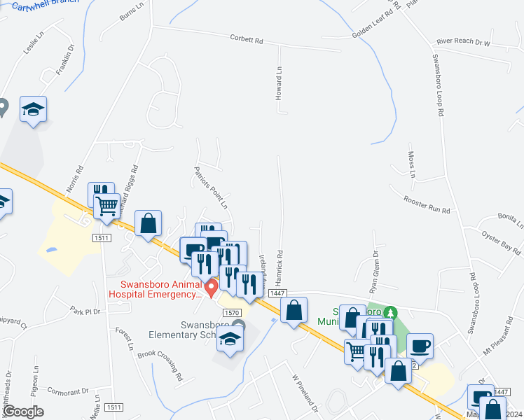 map of restaurants, bars, coffee shops, grocery stores, and more near 111-151 Hamrick Road in Swansboro