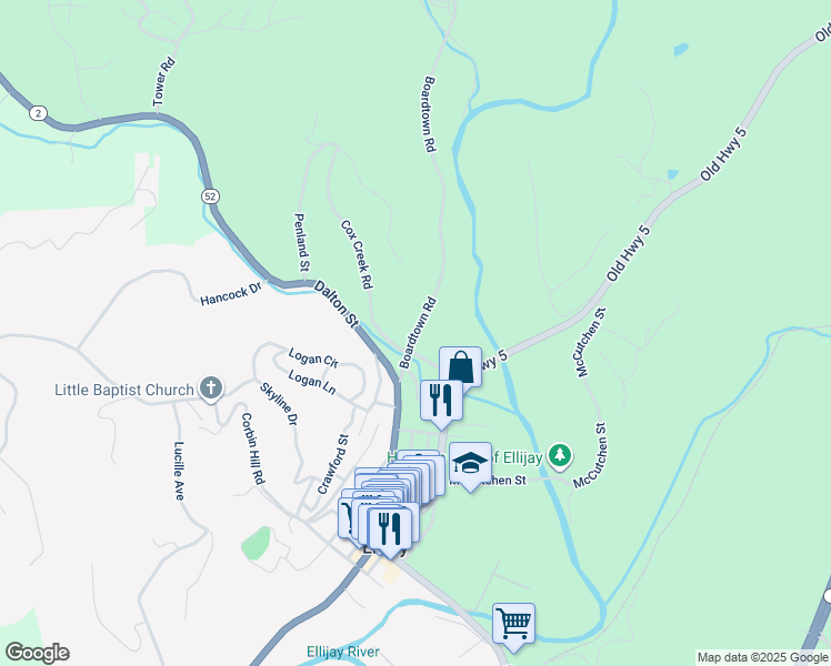 map of restaurants, bars, coffee shops, grocery stores, and more near 387 Boardtown Road in Ellijay