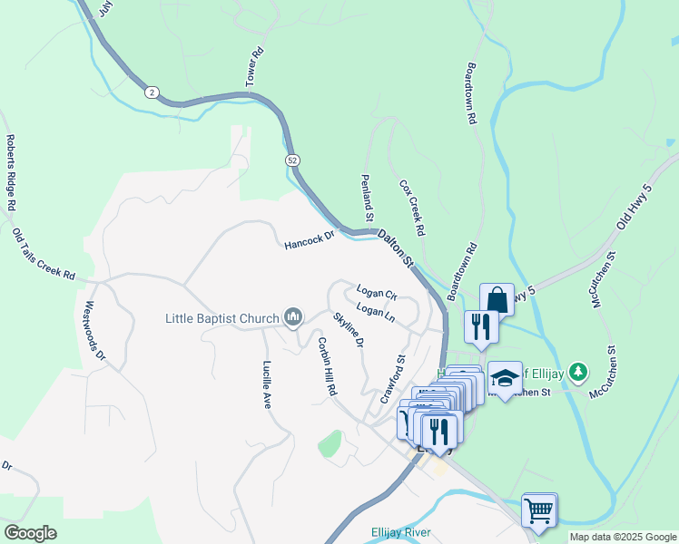 map of restaurants, bars, coffee shops, grocery stores, and more near 249 Logan Circle in Ellijay