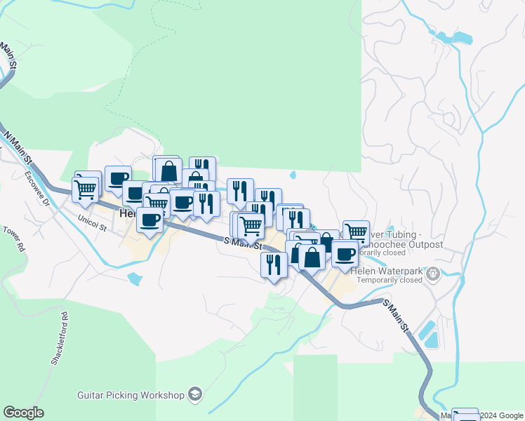 map of restaurants, bars, coffee shops, grocery stores, and more near 859 Edelweiss Strasse in Helen
