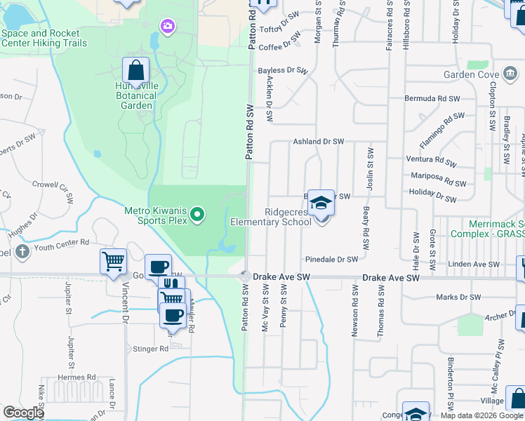 map of restaurants, bars, coffee shops, grocery stores, and more near 3608 Mc Vay Street Southwest in Huntsville