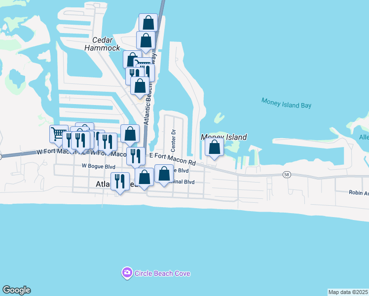 map of restaurants, bars, coffee shops, grocery stores, and more near 108 East Bogue Sound Drive in Atlantic Beach