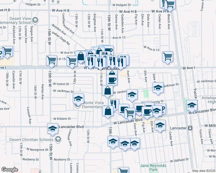 map of restaurants, bars, coffee shops, grocery stores, and more near 45002 11th Street West in Lancaster