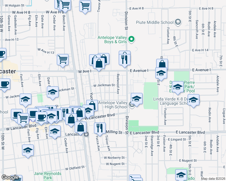 map of restaurants, bars, coffee shops, grocery stores, and more near 45038 Spearman Avenue in Lancaster
