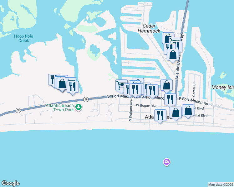 map of restaurants, bars, coffee shops, grocery stores, and more near 104 Cedar Lane in Atlantic Beach