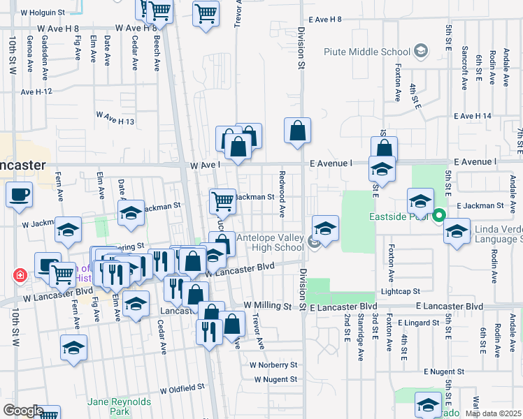 map of restaurants, bars, coffee shops, grocery stores, and more near 225 West Kettering Street in Lancaster