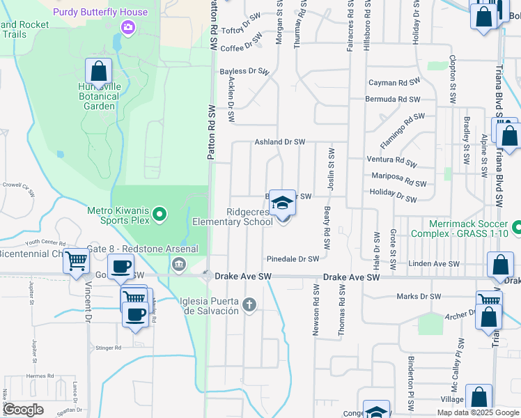 map of restaurants, bars, coffee shops, grocery stores, and more near 3602 Southwest Cerro Vista Street in Huntsville