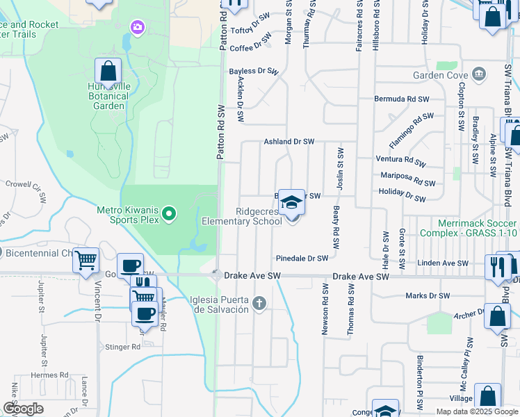 map of restaurants, bars, coffee shops, grocery stores, and more near 3606 Penny Street Southwest in Huntsville