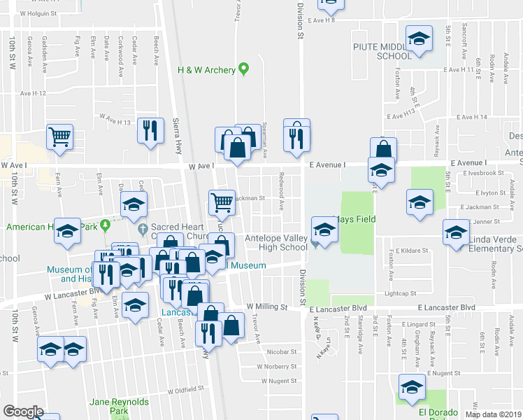 map of restaurants, bars, coffee shops, grocery stores, and more near 45040 Spearman Avenue in Lancaster