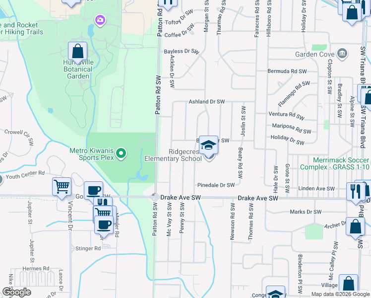 map of restaurants, bars, coffee shops, grocery stores, and more near 3606 Penny Street Southwest in Huntsville