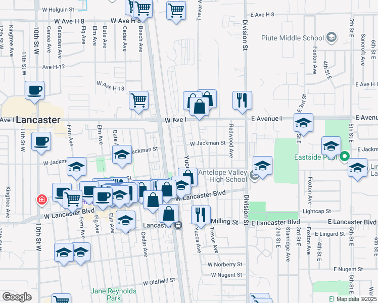 map of restaurants, bars, coffee shops, grocery stores, and more near 45017 Yucca Avenue in Lancaster