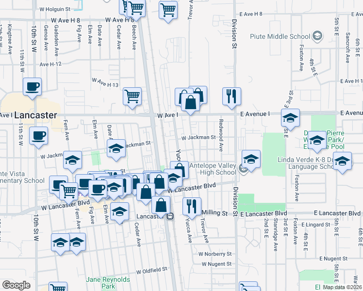 map of restaurants, bars, coffee shops, grocery stores, and more near 45044 Yucca Avenue in Lancaster