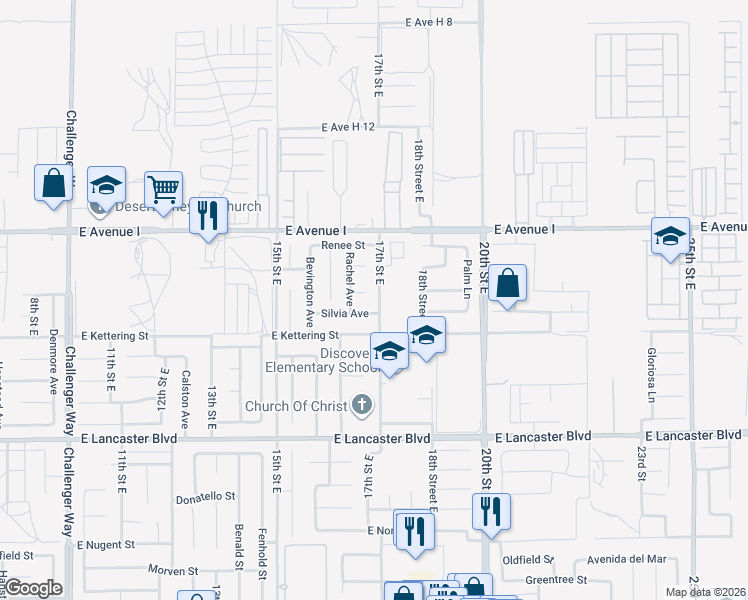 map of restaurants, bars, coffee shops, grocery stores, and more near 45041 17th Street East in Lancaster
