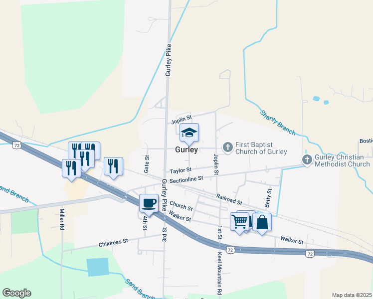 map of restaurants, bars, coffee shops, grocery stores, and more near in Gurley