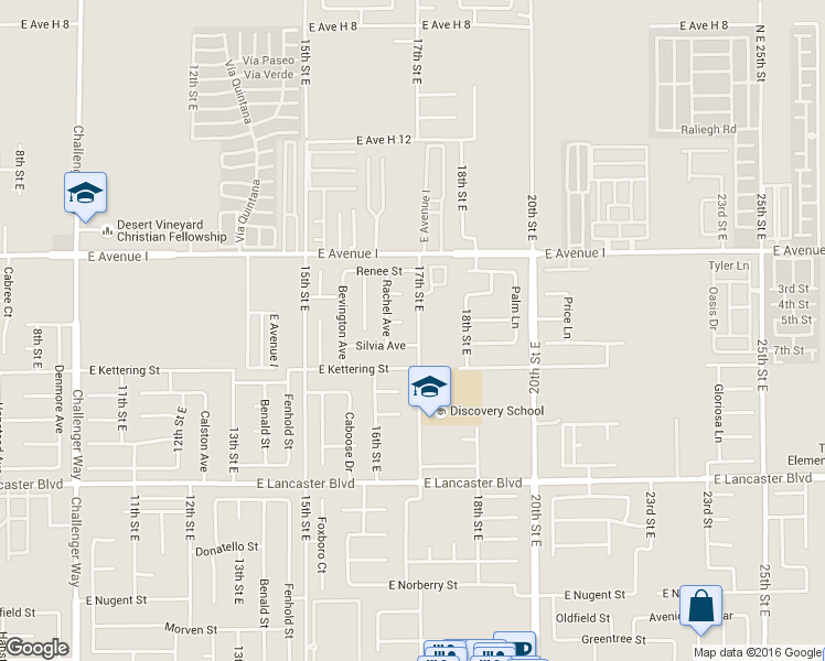 map of restaurants, bars, coffee shops, grocery stores, and more near 45041 17th Street East in Lancaster