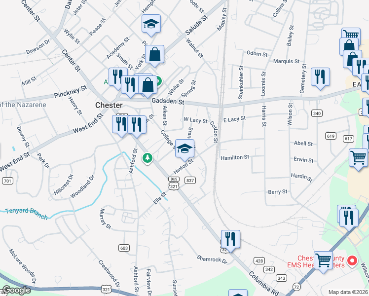 map of restaurants, bars, coffee shops, grocery stores, and more near 113 Branch Street in Chester