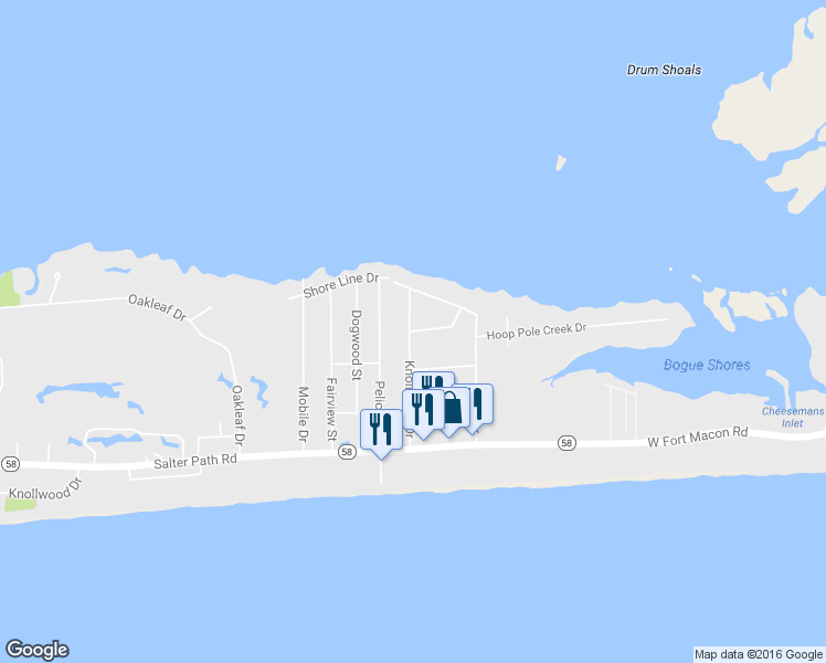 map of restaurants, bars, coffee shops, grocery stores, and more near 104 Shady Lane in Atlantic Beach
