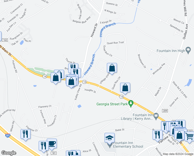 map of restaurants, bars, coffee shops, grocery stores, and more near Englefield Drive in Fountain Inn