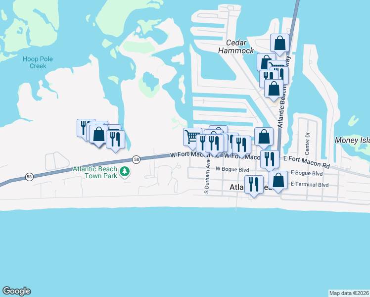 map of restaurants, bars, coffee shops, grocery stores, and more near 410 Davis Boulevard in Atlantic Beach