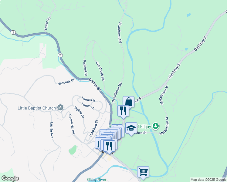 map of restaurants, bars, coffee shops, grocery stores, and more near 171 Boardtown Road in Ellijay