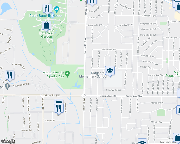 map of restaurants, bars, coffee shops, grocery stores, and more near 3305 Patton Road Southwest in Huntsville