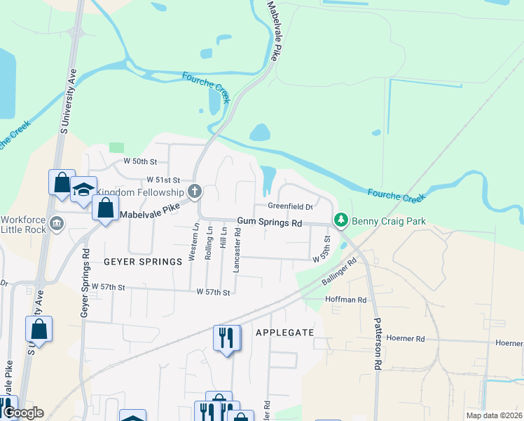 map of restaurants, bars, coffee shops, grocery stores, and more near 15 Elmhurst Drive in Little Rock