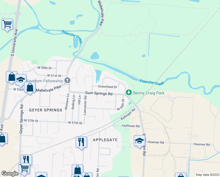 map of restaurants, bars, coffee shops, grocery stores, and more near 33 Rosemoor Drive in Little Rock
